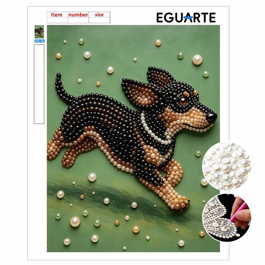 5D Pearl Painting Kit Framed with Running Dog Design Sparkling Bead Art Canvas DIY Relaxing Craft for Wall Decor Gift Home Art Projects