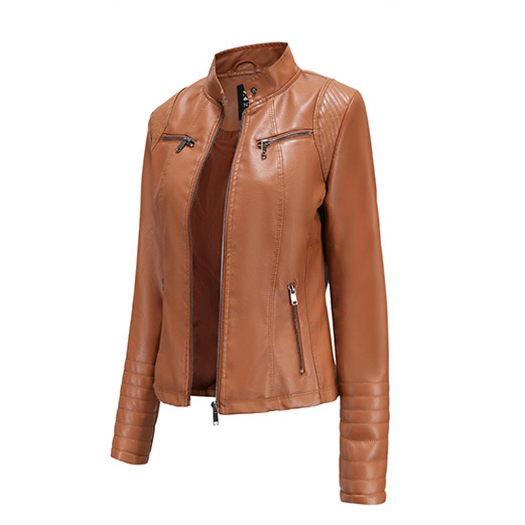 Women's Slim Leather Stand-Up Collar Zipper Stitching Color Jacket