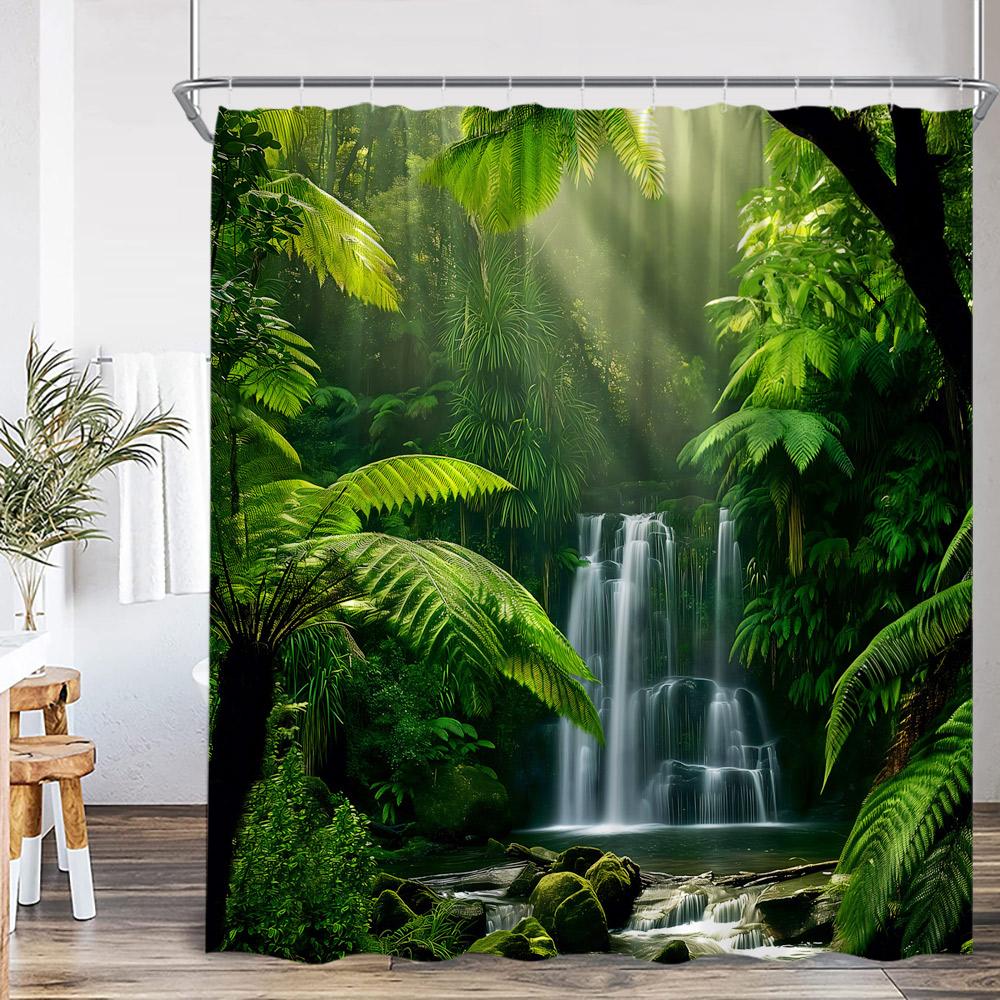 Natürliche Landschaft Wasserfall Wald Duschvorhang Landschaft Grüne Blätter Pflanzen Badezimmer Dekor Polyester Duschvorhang für Zuhause