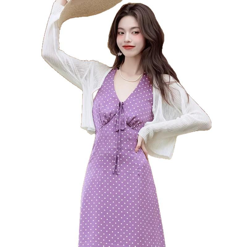 Elegant Purple Polka Dot V-Neck Halter Dress - French Retro Hong Kong Style, Slim Fit, Summer Vacation Wear