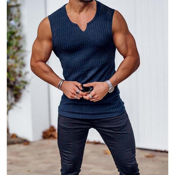 New Men Summer Tank Top Solid Color Sleeveless Vest Tops Gym Fitness Workout Clothes V-Neck Athletic Shirt Muscle Training Bodybuilding Tank Tops