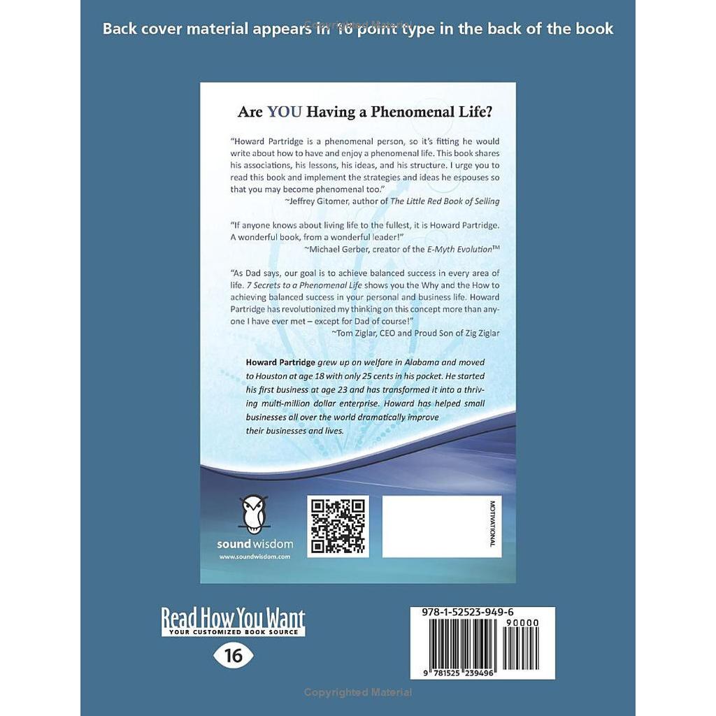 7 Secrets of a Phenomenal L.I.F.E. Paperback Howard Partridge (Author) Book JL186150103127