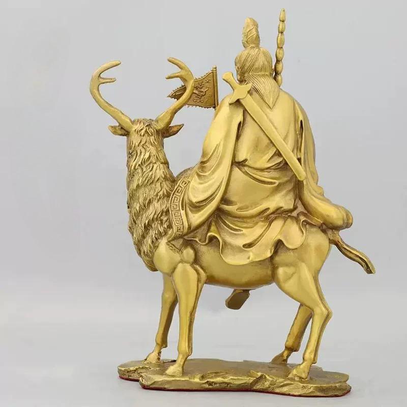 Pure Brass Attracting Wealth Jiang Ziya Statue Riding Deer with God-Striking Whip Taoist Deity for Home