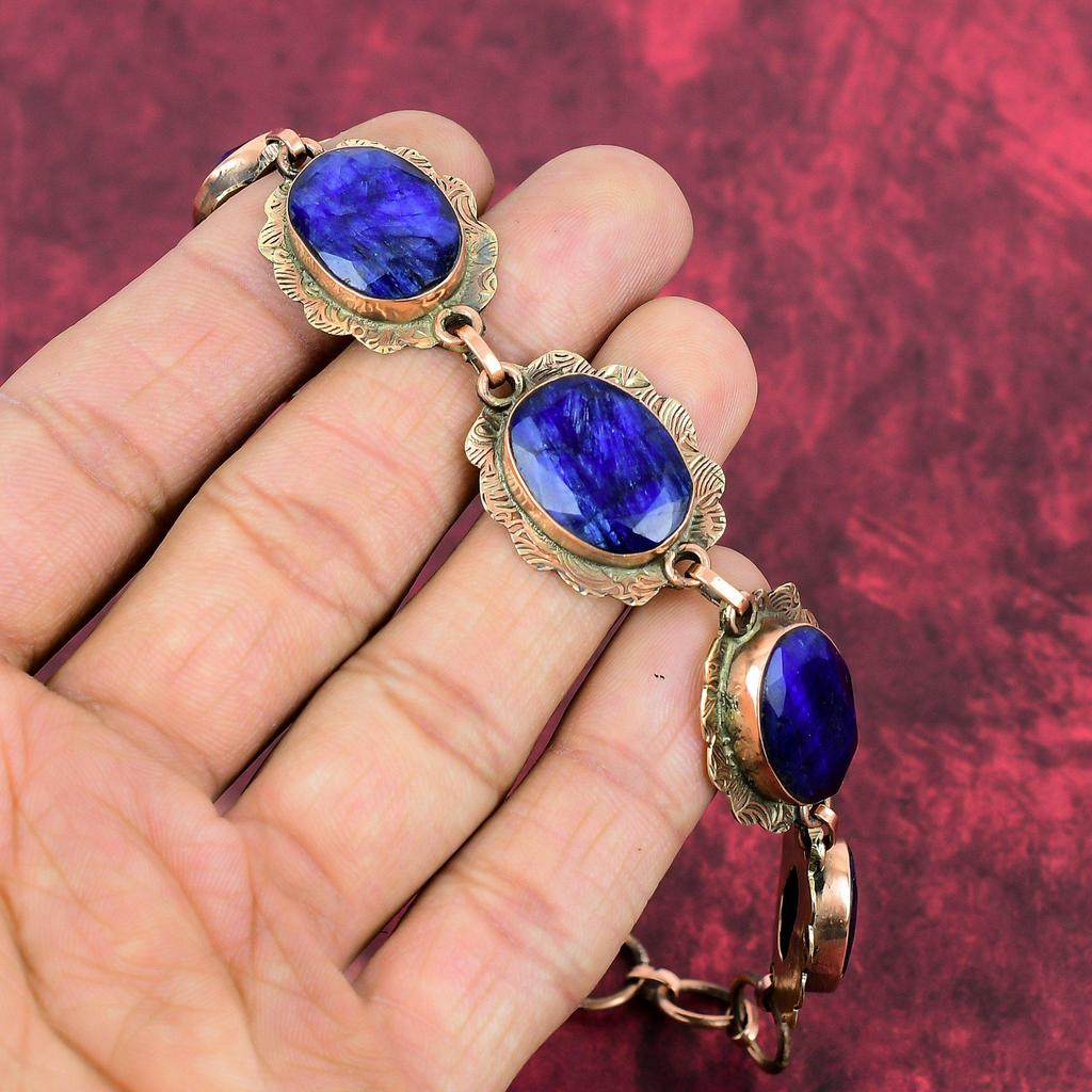 Faceted Blue Sapphire Bracelet Copper Bracelet Elegant Jewelry Adjustable Chain Bracelet Gemstone Copper Jewelry Handmade Bracelet For Gifts