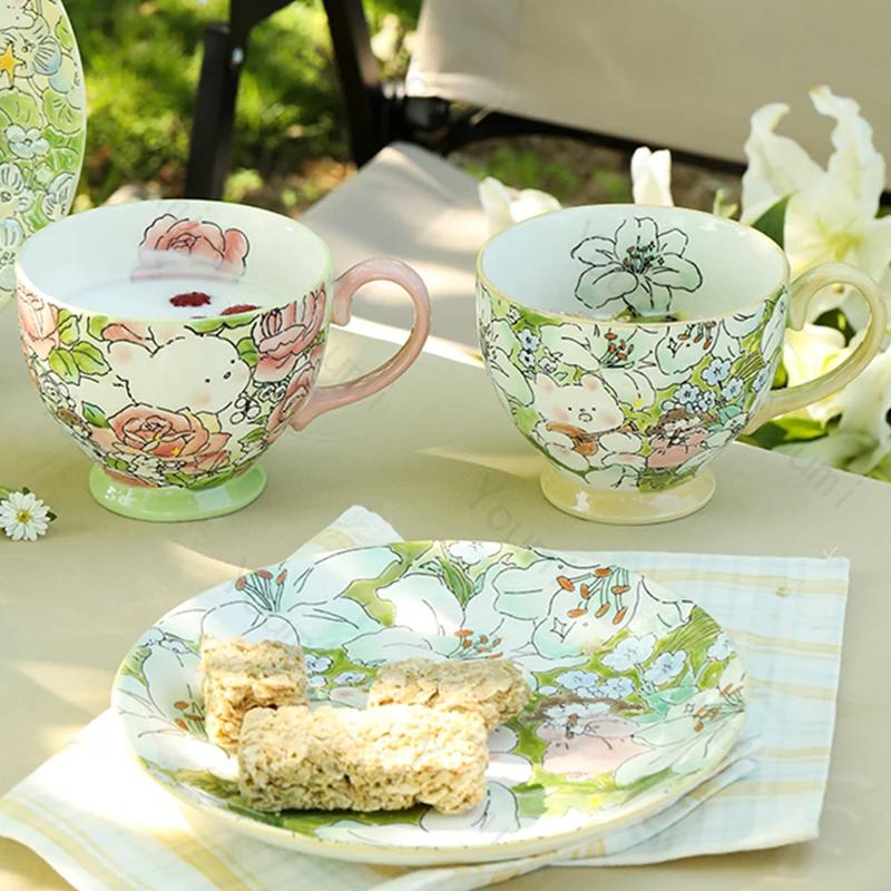 

Creative Hand Drawn Ceramic Cups Cute Cartoon Flowers Coffee Cup Set Large Capacity Mug Breakfast Oat Cup Household Tableware