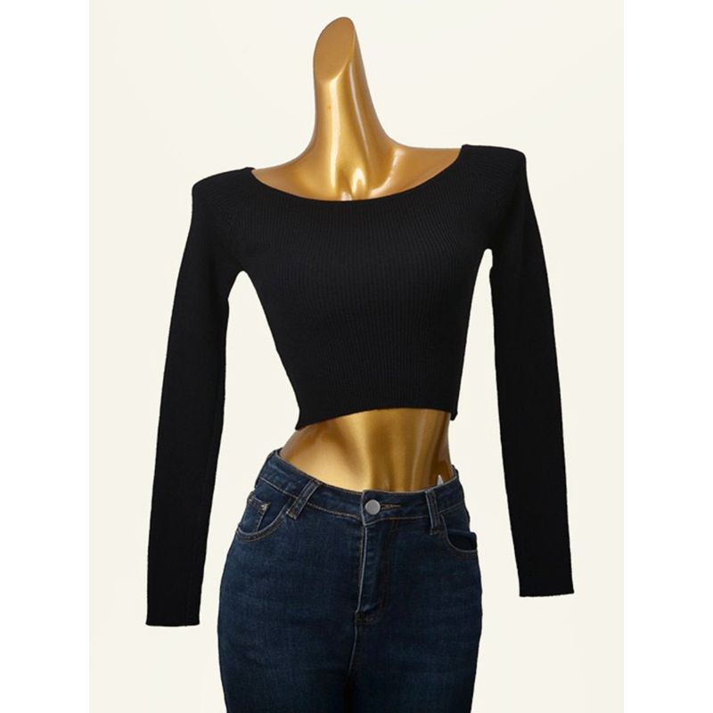 Off-the-Shoulder Sweater Fashion Wind Thread High Elastic Sunken Stripe Early Autumn Inner Bottoming Shirt Silm High Waist Show Belly Tops