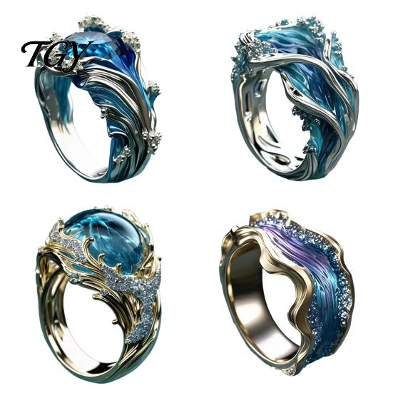 Lightweight Resin Ring Wave for Women, Ocean Inspired Chunky Statement Ring, Non Jewelry Tarnish Open Adjustable Fashion Summer Vacation Beach