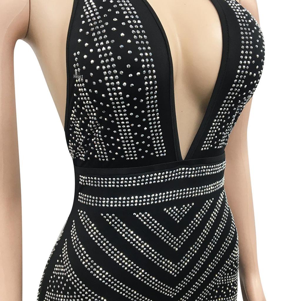 X3816 European Fashion Sexy Deep V Backless Rhinestone Long Nightclub Dress
