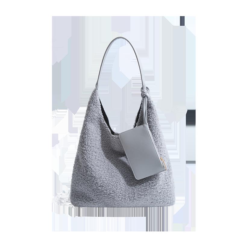 Плюшевая сумка-тоут в корейском стиле: 2025 Зимняя Вместительная Универсальная Женская Сумка через плечо/Кроссбоди серый