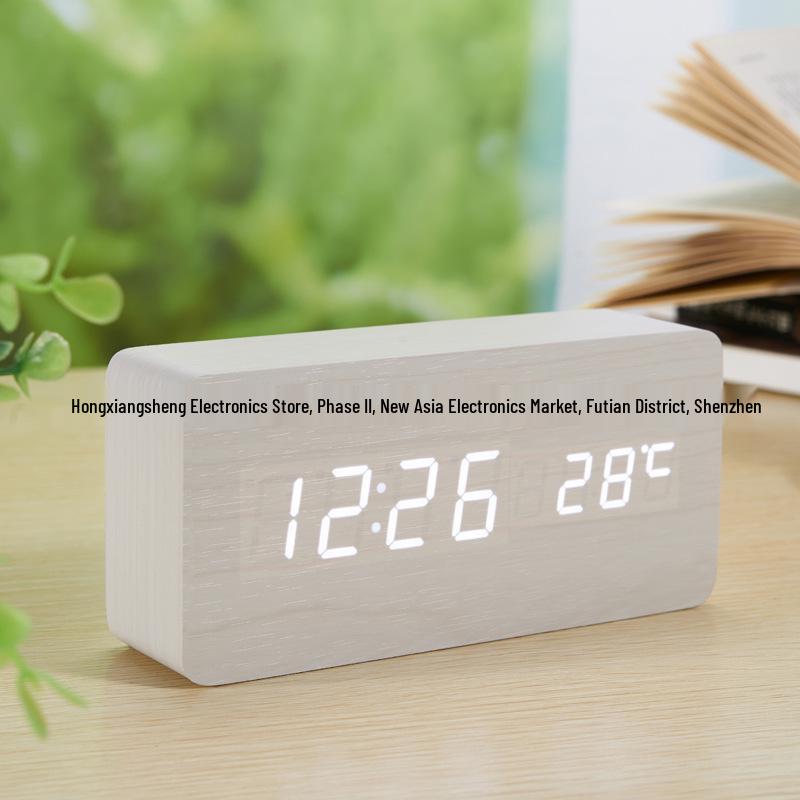 Wooden LED Alarm Clock with Voice Control and Night Light - Silent, Creative Digital Timepiece and Perfect Gift