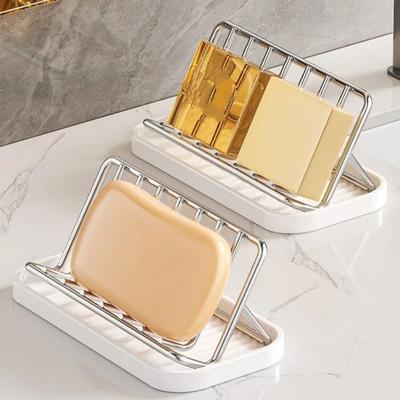 Non-slip Stainless Steel Soap Rack with Drain Tray Space Saving Bathroom Storage Rack Ventilated Rustproof Countertop Drain Tray