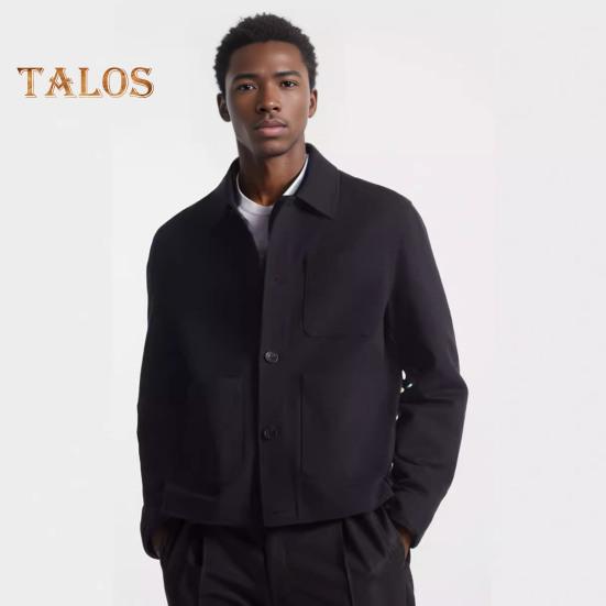 Men Jacket Lapel Long Sleeve Single Breasted Middle-aged Coat with Patch Pocket Solid Color Casual Jacket Outwear