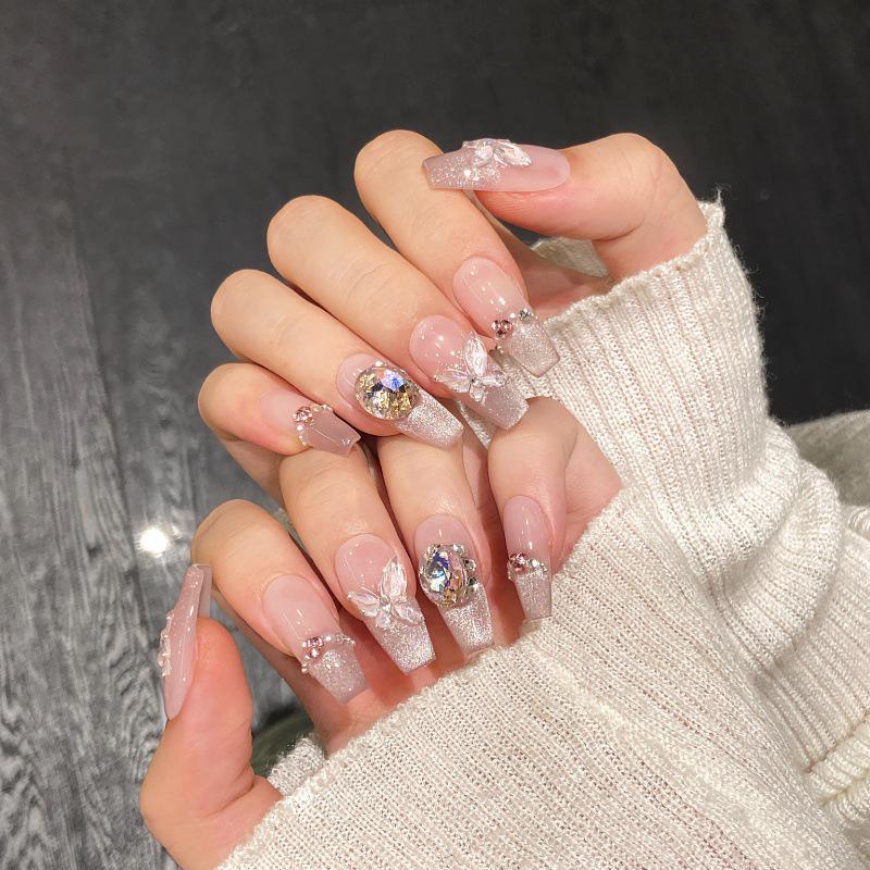 Summer Night Dream: Handcrafted Gel Blush Cat Eye Nails with 3D Butterfly & Ice Crystal Design, Detachable