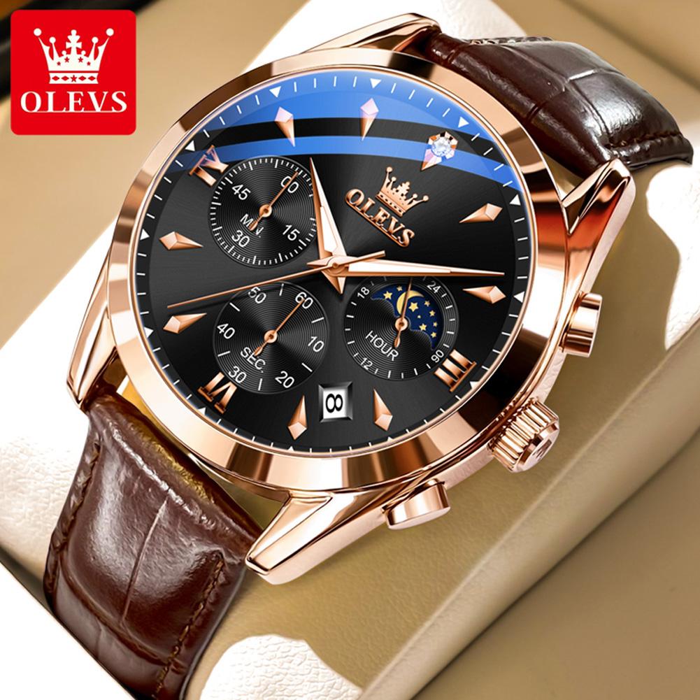 OLEVS Moon Phase Chronograph Man Watch Leather Strap Waterproof Luminous Luxury Brand Original Quartz Wrist Watches for Men 3609