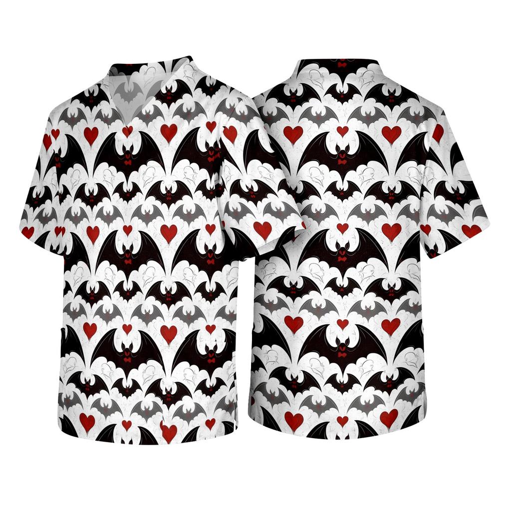 Men's V Neck Short Sleeve Halloween Print Pocket Scrub Top Lightweight Breathable Medical Uniform Shirt for Healthcare Professionals