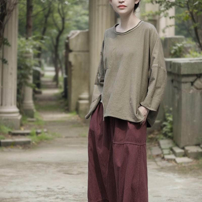 Johnature Camisetas Vintage Irregulares para Mujer Color Sólido Manga Larga Cuello O Primavera Holgadas Suaves