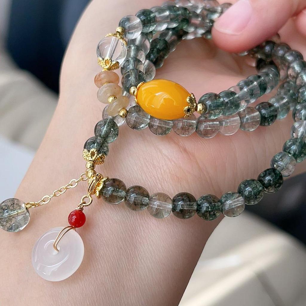 Women's Natural Green Phantom Crystal & Agate Beaded Bracelet - New Chinese Style