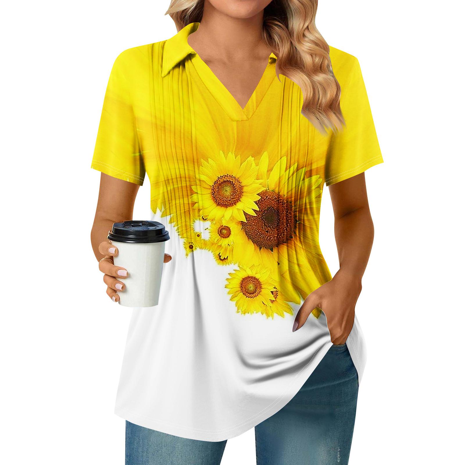 

Женская плиссированная футболка с V-образным вырезом и короткими рукавами с принтом подсолнухов, повседневная деловая рубашка XXXL