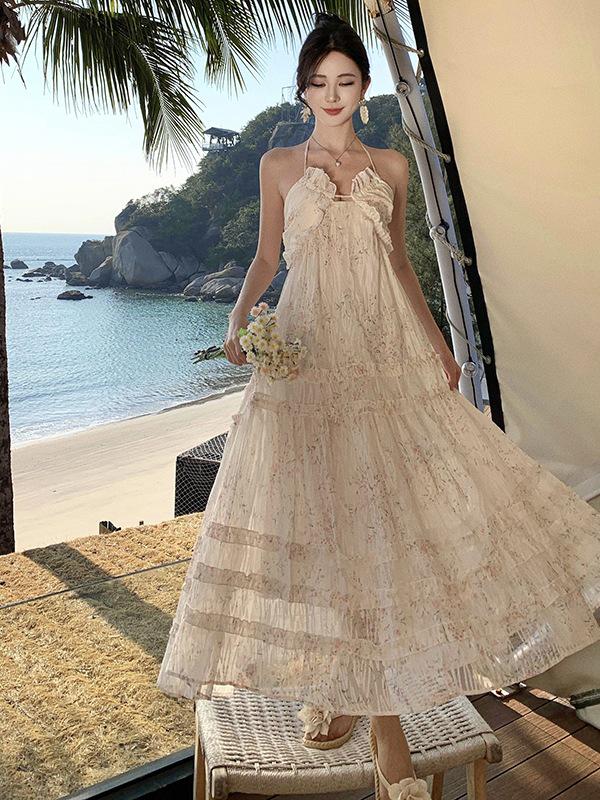

Floral French Halter Backless Summer Maxi Dress for Women Small