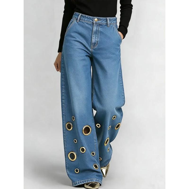 Womens High-Waisted Wide-Leg Denim Pants With