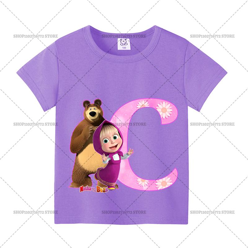 Mashas and The Bear Summer T-shirt Girl Children Tops Cute Cartoon Letters A-Z Print Clothing Short Sleeve Kids Casual Clothes