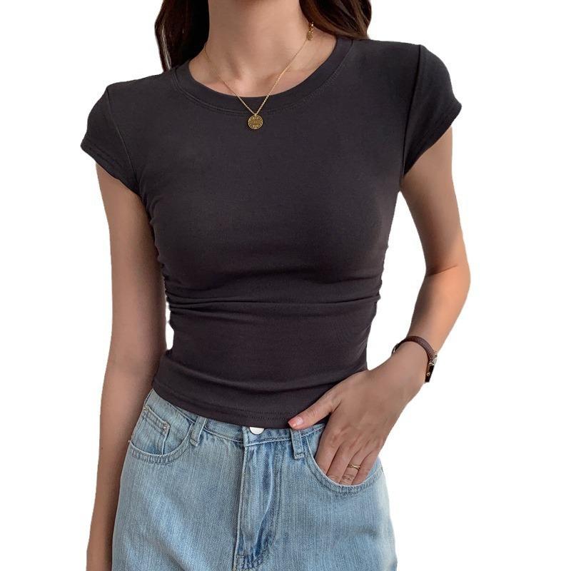 Women's T-shirt Short-sleeved Spring and Summer Slimming Design Sense Niche Card Waist Waist Is Shoulder Clothes