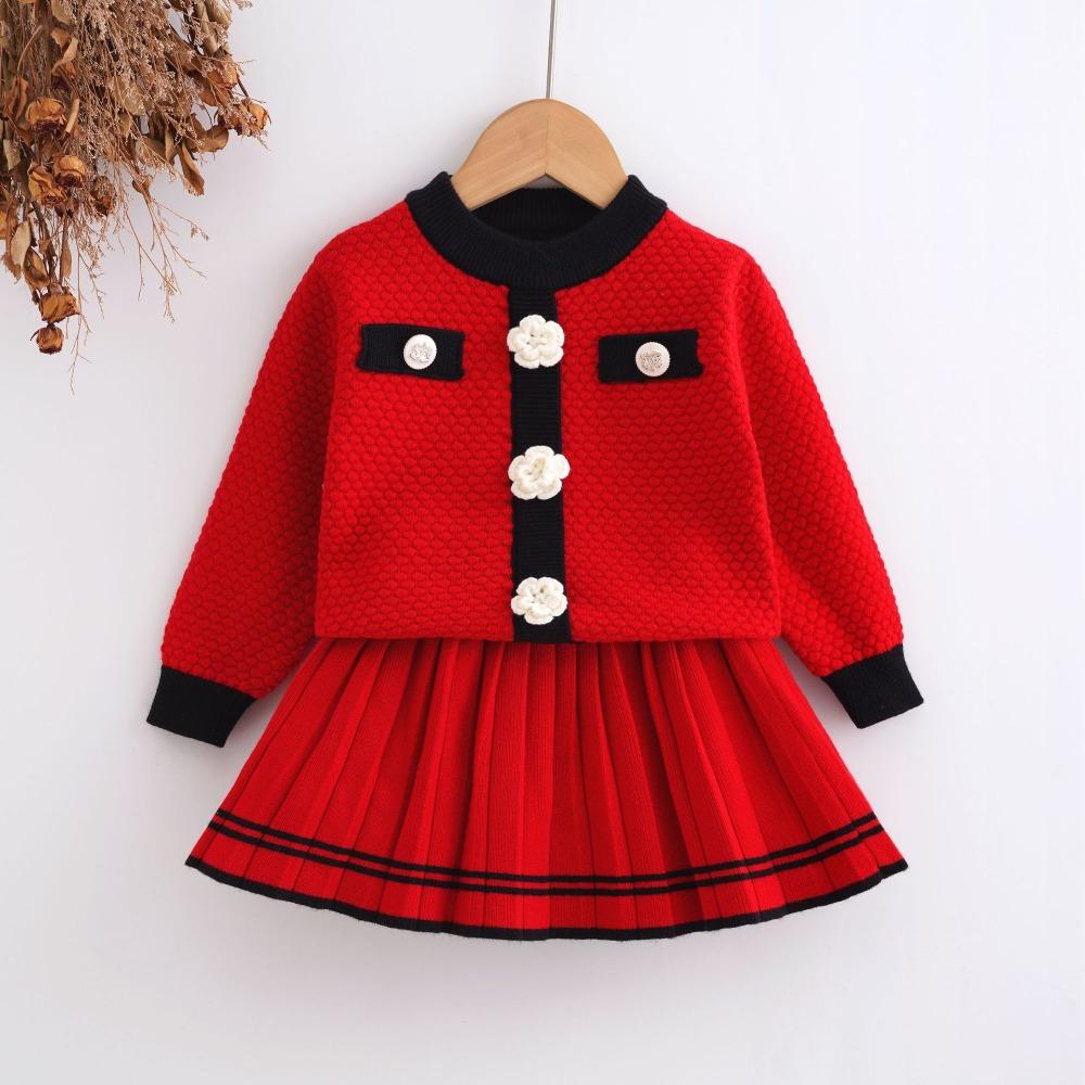 3-7Y Girls' Sweater Set - New Autumn/Winter Cardigan Knit Sweater Long Sleeve + Knit Sweater Dress Two-Piece Set