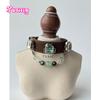 Luxury Leather Natural Crystal Charm Dog Collar Green Fluorite Double Cat's Eye Silver Obsidian Clear Quartz Beaded Pet Necklace
