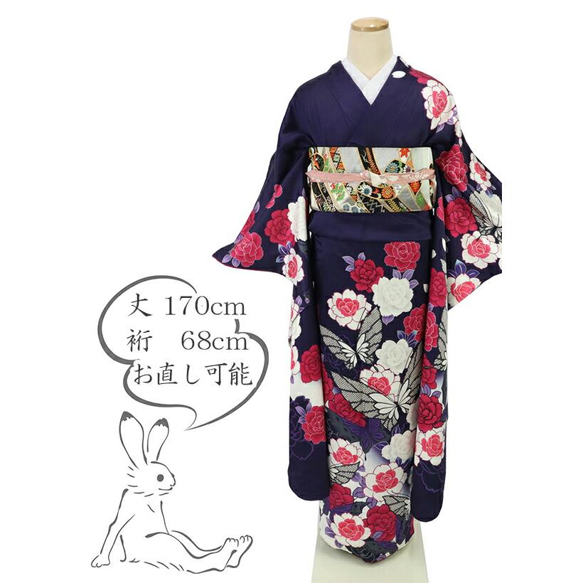

[Used] Long-sleeved kimono, adult chic, rose and butterfly formal wear, dark purple, purple, length 170cm, sleeve length 68cm, for coming-of-age