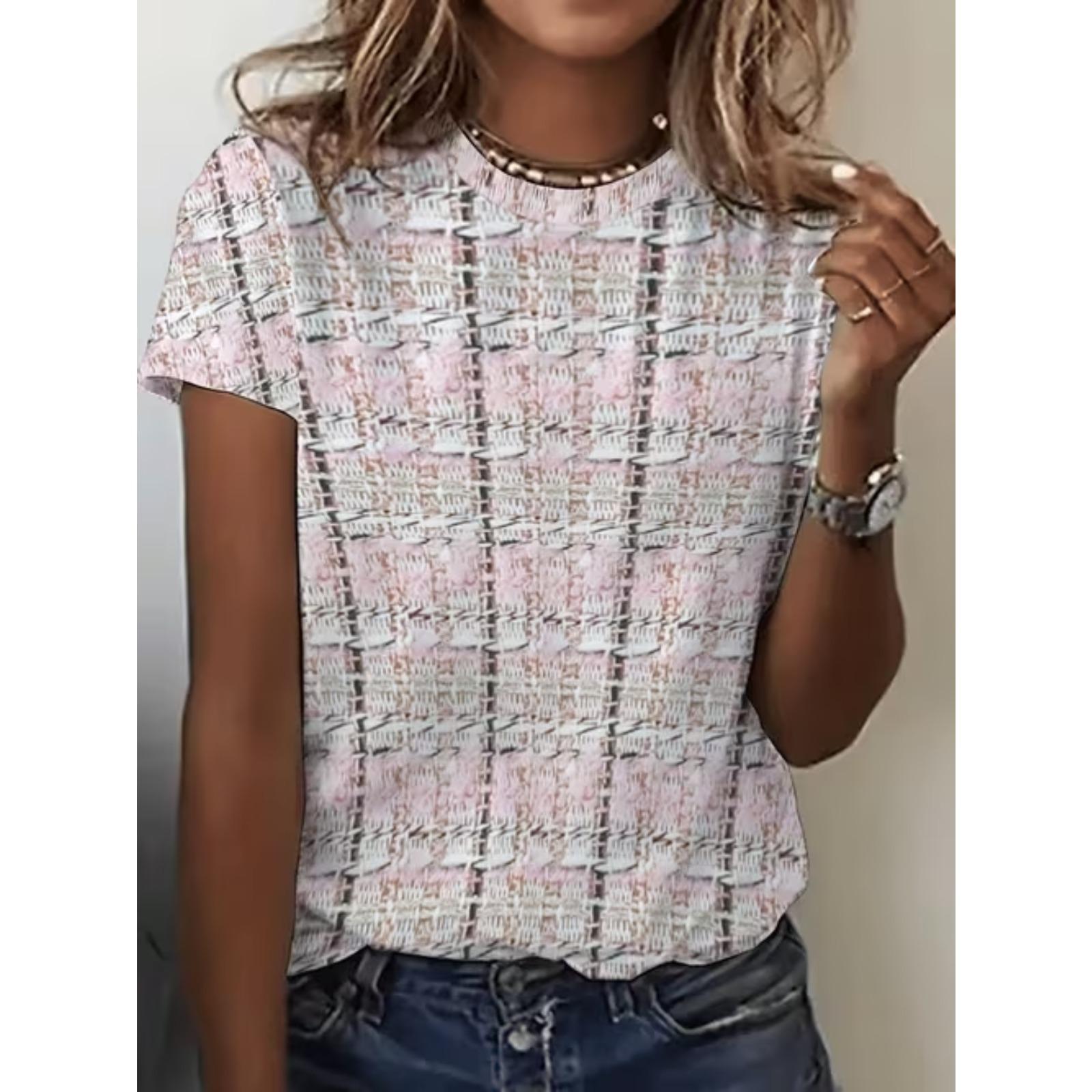 

Fashion Women Grid Geometry Print T Shirt Funny Casual O-neck Short Sleeves T-shirt Summer Female Tee Shirt 8XL baby рожевий колір