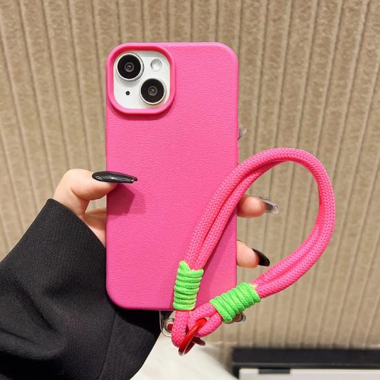 Cute Candy Leather Texture With Wrist Strap Case For iPhone 17 Air 16 15 14 11 12 13 16 Pro Max 16 Plus Solid Color Soft Cover