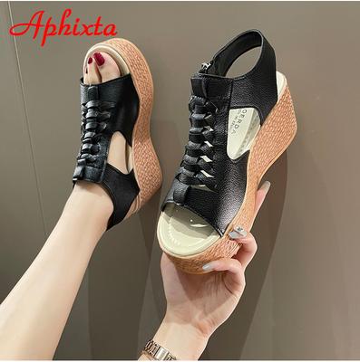 Aphixta Big Szie 43 Summer 7cm Wedge Heel Sandals Women Peep Toe Metal Zip Platform Shoes Cool Wedges Slides