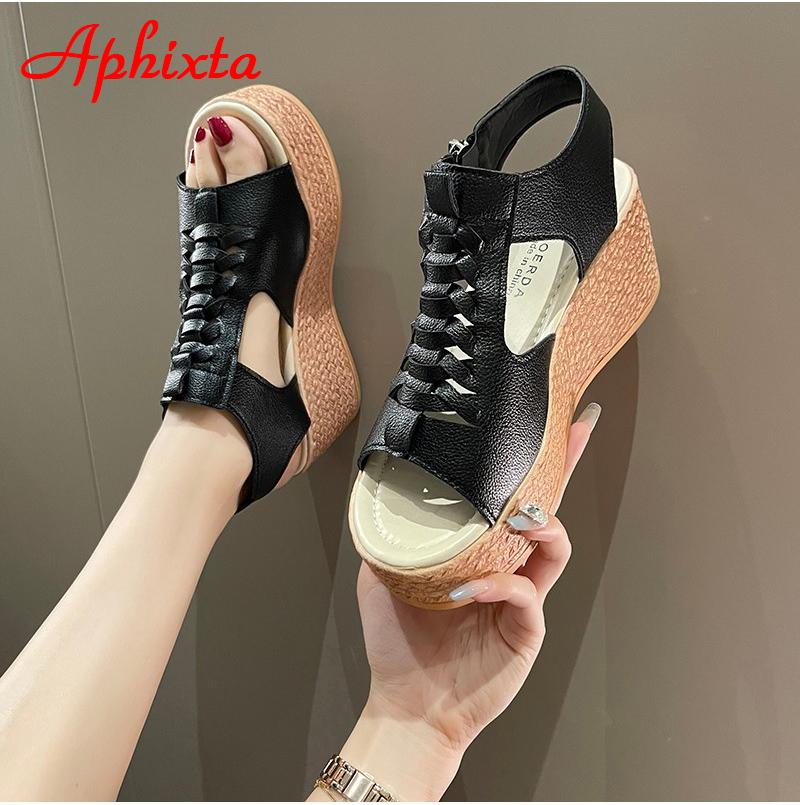 Fashion Aphixta Big Szie 43 Summer 7cm Wedge Heel Sandals Women Peep Toe Metal Zip Platform Shoes Cool Wedges Fashion Slides