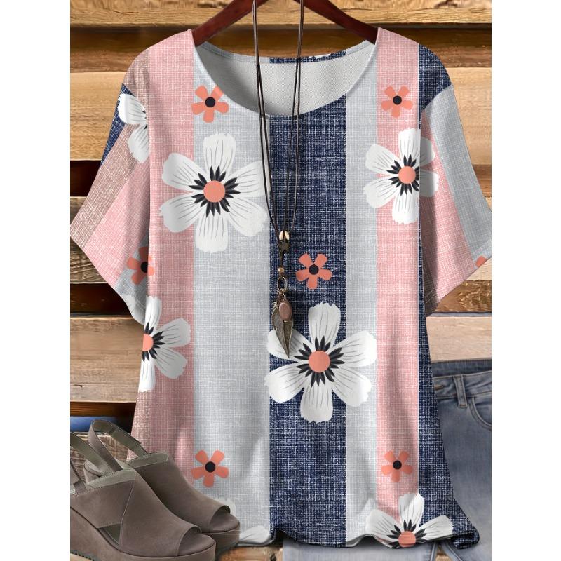 

Women s Plus Patchwork Striped Comfortable Short-sleeved Round Neck Mid-stretch T-shirt No Accessories Accessories Not Included S