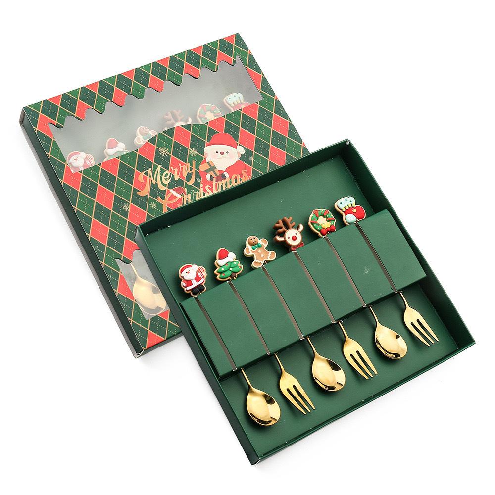 Stainless steel spoon and fork gift set Boxed resin cute Christmas doll tableware Dessert spoon and fork