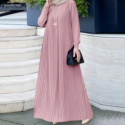 Abito Lungo Plissettato Casual da Donna con Scollo a O e Maniche Lunghe Ampi