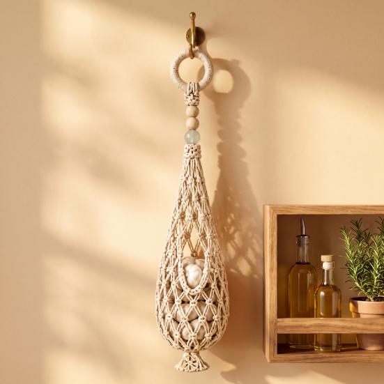 Onion And Potato Storage Keeper Handwoven Cotton Rope Mesh Bag, Wall-Mounted Bohemian Style Organizer, Kitchen Countertop Space Saver Breathable