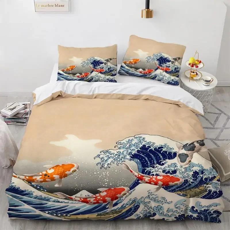 Sada povlaků na přikrývku Wave Vzor Hokusai Japonský povlak na přikrývku Ukiyoe Orientální styl náčrtu Ocean Queen Twin Polyesterová sada povlečení
