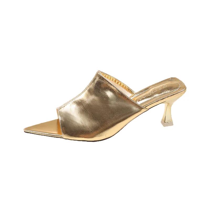 Female Shoes Gold Sandals Slippers Heels Pointed Toe Slides Low 2025 High Thin Rome PU Rubber Fabric Hoof Shoes Woman 2025