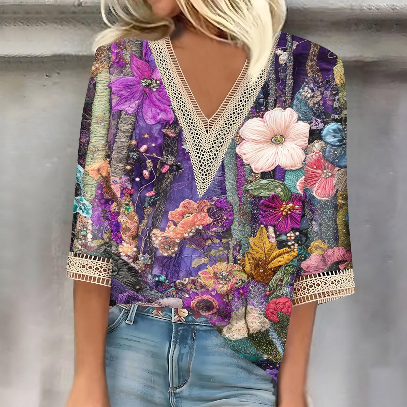 

Женский кружевной топ с винтажным принтом и рукавами три четверти XL фиолетовый