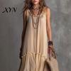 Light Beige Skirt Summer Ruffle Tiered Swing Dress for Women, Boho Beach Daily Outing Flowy Maxi Sundress, Sleeveless A-line Loose Long Casual
