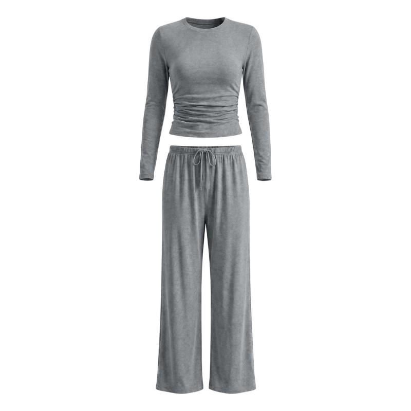 Womens Solid Color Casual Long Sleeve Top Pants Set Streetwear