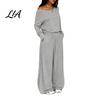 Solid Color Matching Sets Women Sweatshirt Pants 2-Piece Set, Off Shoulder Long Sleeve Top & Lounge Set Wide Leg Trousers, for Spring Autumn Two