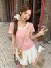 High-end Design Three-dimensional Flower Round Neck Front Shoulder Short-sleeved T-shirt Women's Summer Pink Sweet and Chic New Top