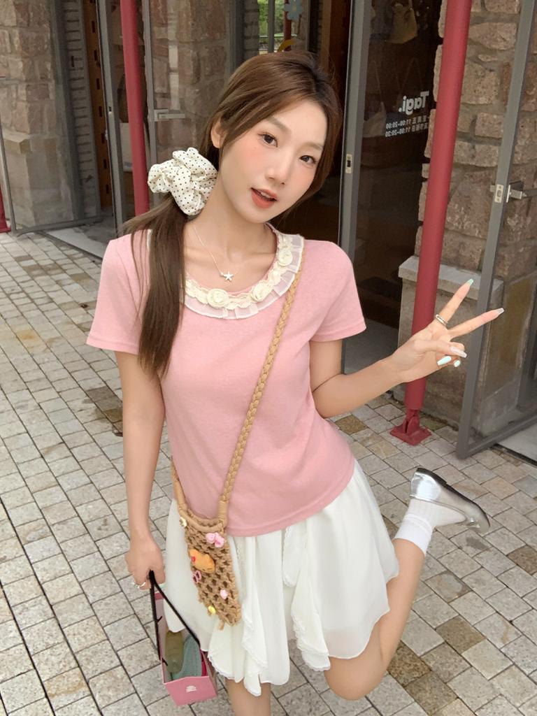 High-end Design Three-dimensional Flower Round Neck Front Shoulder Short-sleeved T-shirt Women's Summer Pink Sweet and Chic New Top