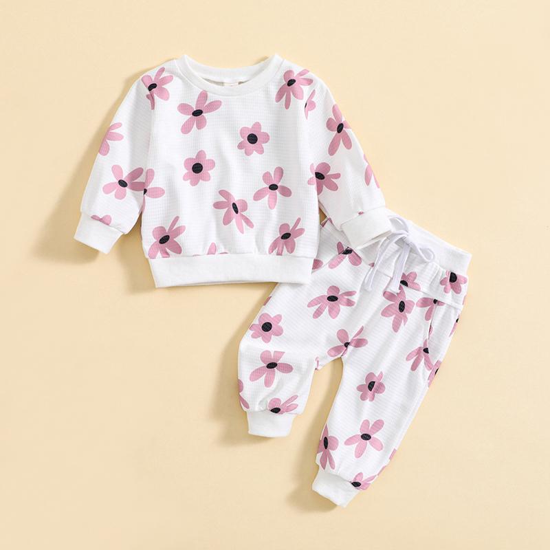 

Комплект из пуловера и брюк для маленьких девочек с длинными рукавами и круглым вырезом с цветочным принтом и брюками