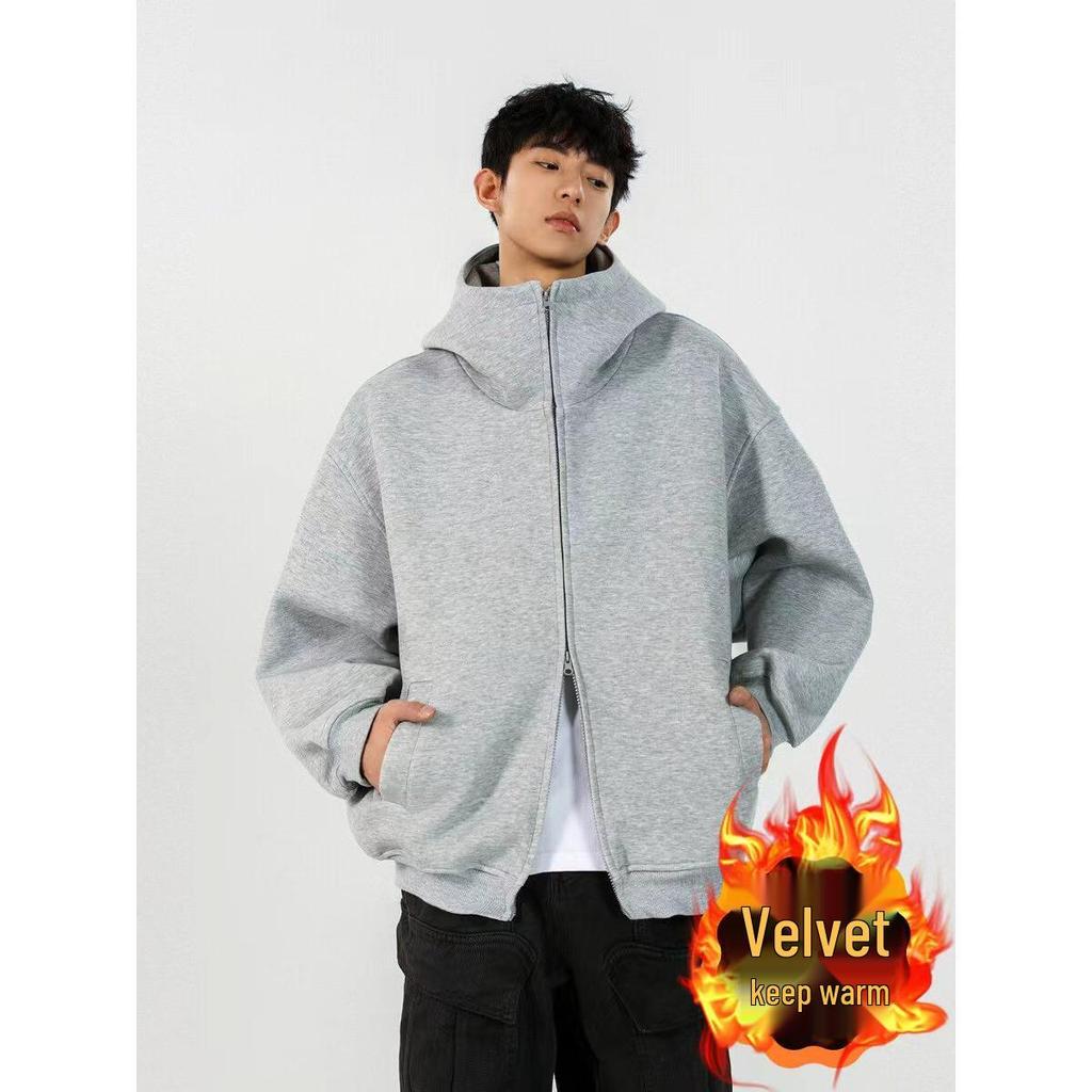 Unisex Oversized Fleece-Lined Hoodie Cardigan: American Style Autumn/Winter Casual Jacket