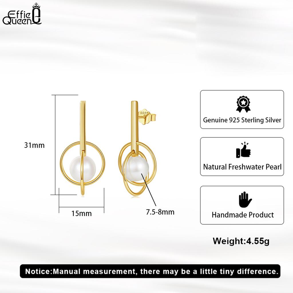 Effie Queen Genuine 925 Silver 14k Gold Round Shaped Pearl Drop Earrings Natural Jewelry for Women, Men Wedding Party Gift GPE93