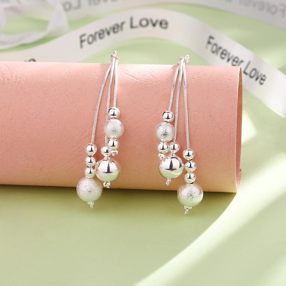 Japanese korean Fashion Sand Bead Tassel Silver Plated Ear Hook Jewelry Three-line multi-bead earrings
