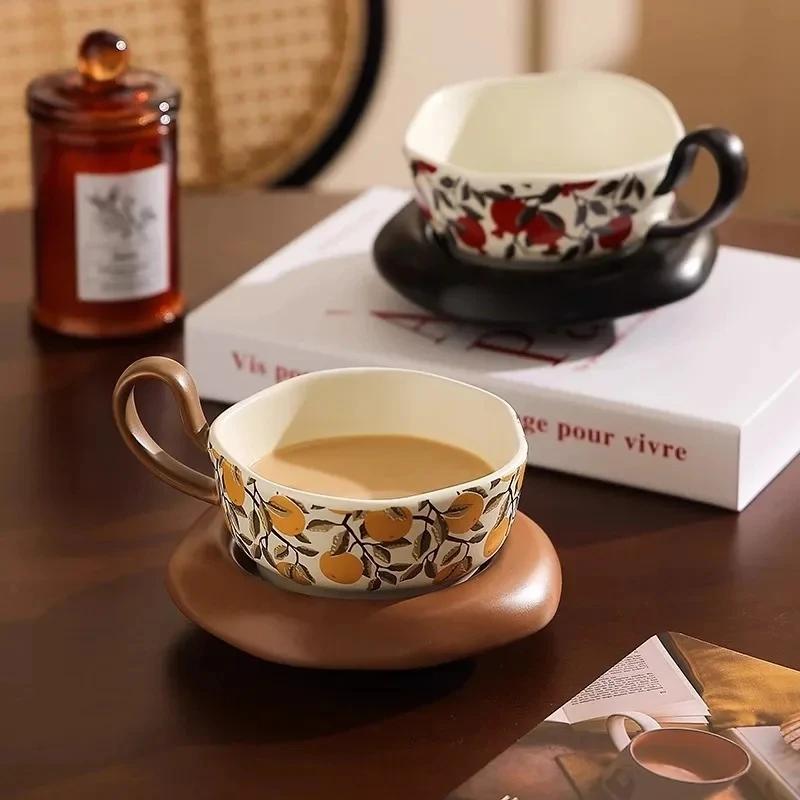 Vintage Citron Granátové jablko Keramický hrnek Podšálek Sada Kreativní ucho Kávový hrnek na Latte Šálek na džus Šálek na mléko Domácí čajový šálek Sklenice na vodu